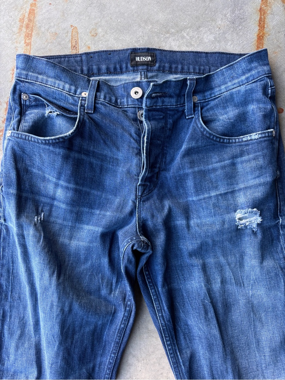 Hudson Blake Slim Straight Jeans Mens 33 x 34 Distressed Dark Wash Button Fly - Picture 2 of 8